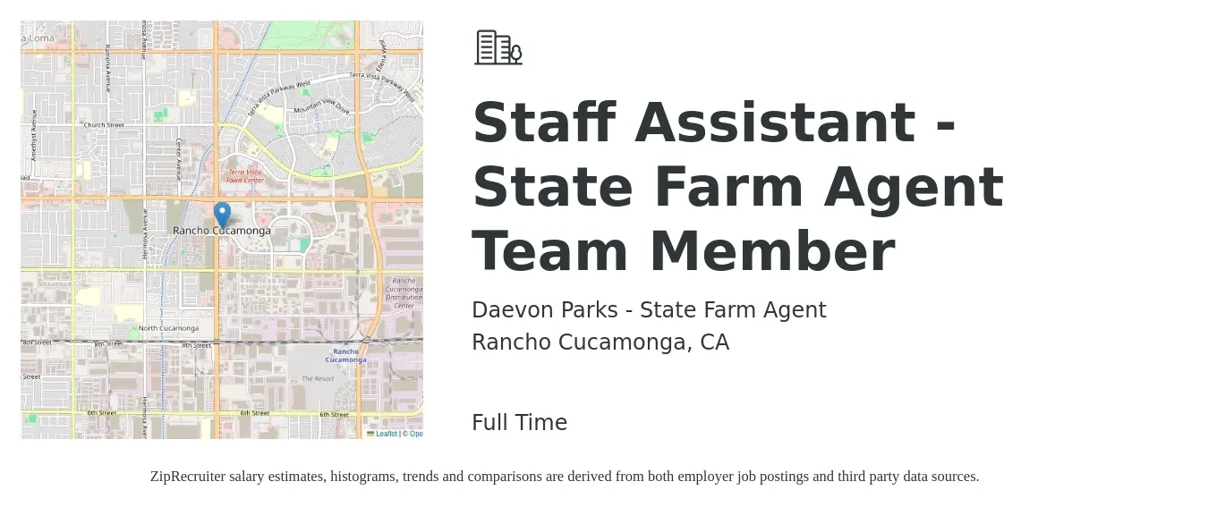 Daevon Parks - State Farm Agent job posting for a Staff Assistant - State Farm Agent Team Member in Rancho Cucamonga, CA with a salary of $57,700 to $84,000 Yearly with a map of Rancho Cucamonga location.
