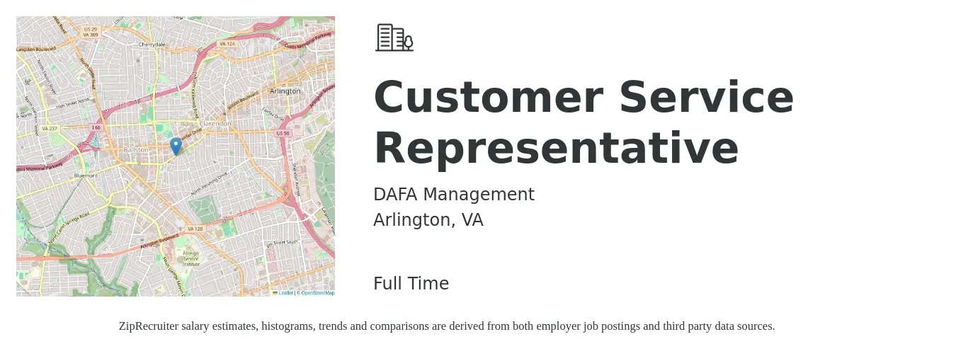DAFA Management job posting for a Customer Service Representative in Arlington, VA with a salary of $18 to $25 Hourly with a map of Arlington location.