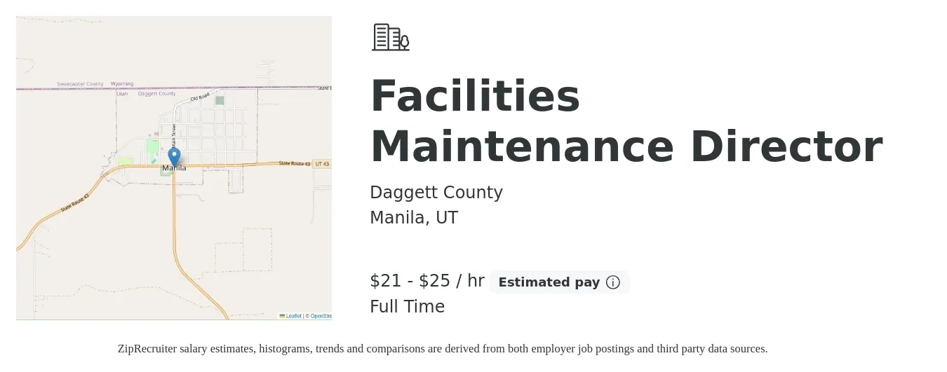 Daggett County job posting for a Facilities Maintenance Director in Manila, UT with a salary of $22 to $26 Hourly with a map of Manila location.