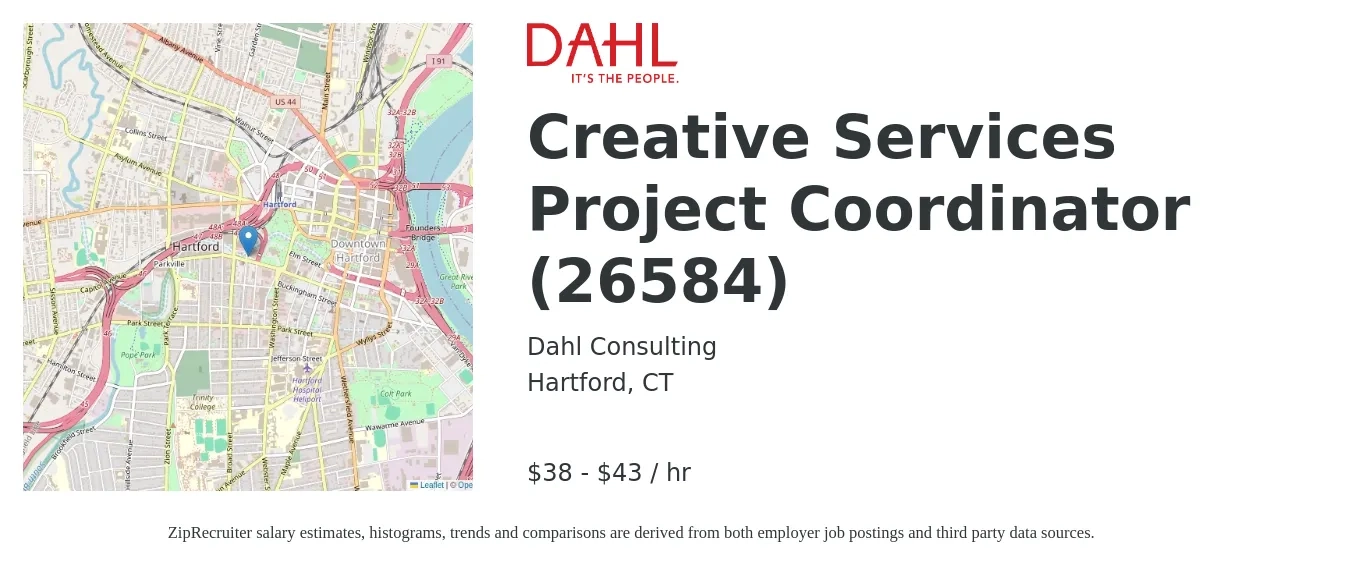 Dahl Consulting job posting for a Creative Services Project Coordinator (26584) in Hartford, CT with a salary of $40 to $45 Hourly with a map of Hartford location.
