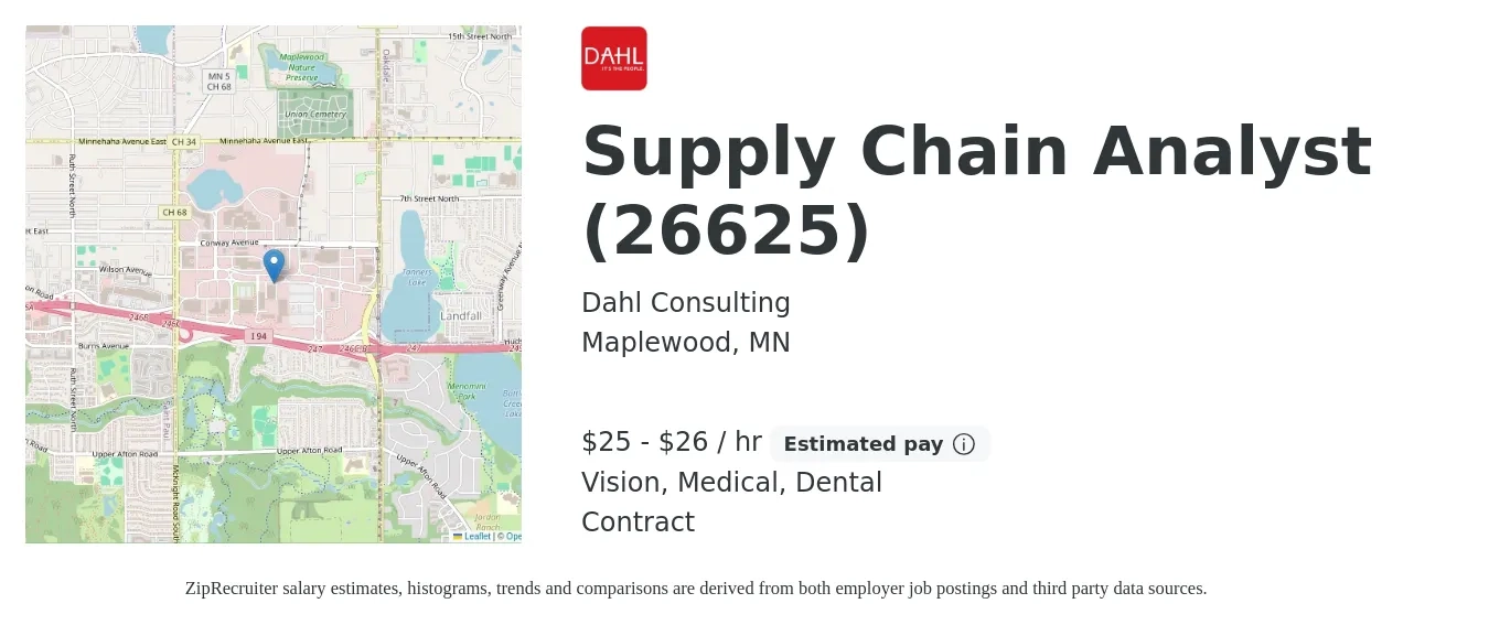 Dahl Consulting job posting for a Supply Chain Analyst (26625) in Maplewood, MN with a salary of $26 to $28 Hourly and benefits including dental, life_insurance, medical, retirement, and vision with a map of Maplewood location.