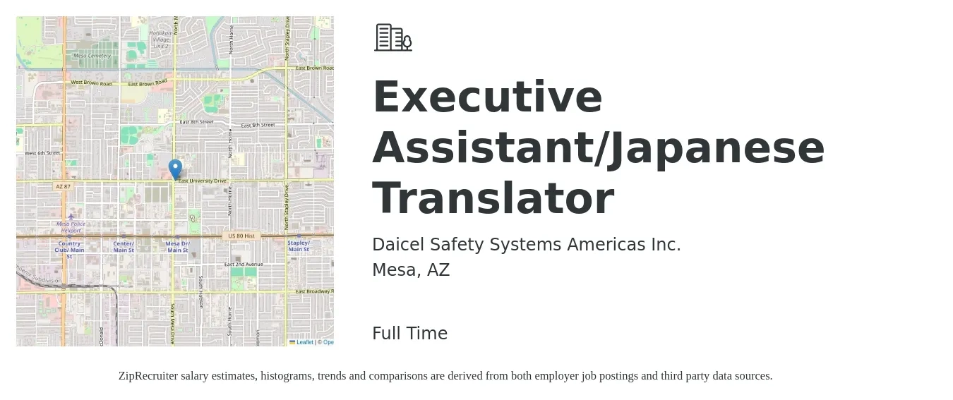 Daicel Safety Systems Americas Inc. job posting for a Executive Assistant/Japanese Translator in Mesa, AZ with a salary of $50,700 to $76,100 Yearly with a map of Mesa location.