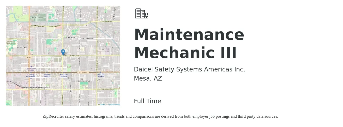 Daicel Safety Systems Americas Inc. job posting for a Maintenance Mechanic III in Mesa, AZ with a salary of $25 to $32 Hourly with a map of Mesa location.