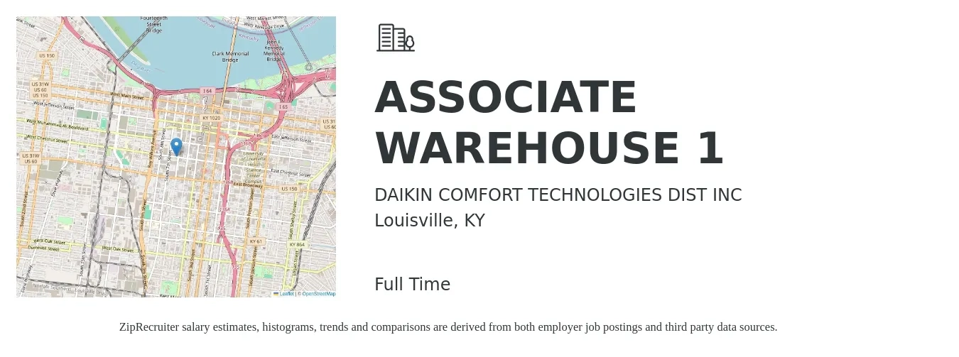 DAIKIN COMFORT TECHNOLOGIES DIST INC job posting for a ASSOCIATE WAREHOUSE 1 in Louisville, KY with a salary of $15 to $18 Hourly with a map of Louisville location.