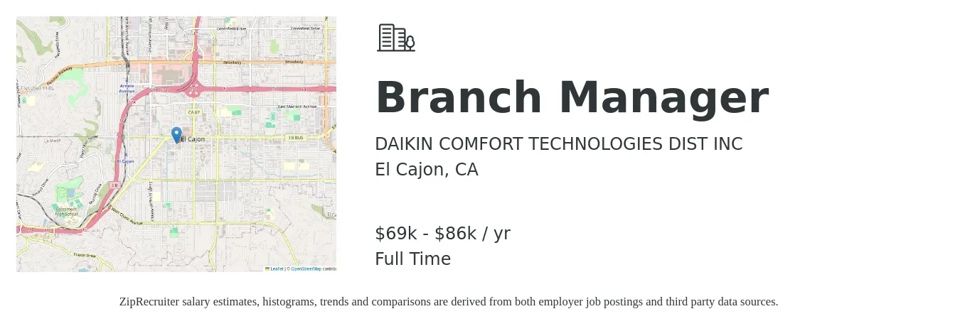 DAIKIN COMFORT TECHNOLOGIES DIST INC job posting for a Branch Manager in El Cajon, CA with a salary of $69,000 to $86,000 Yearly with a map of El Cajon location.