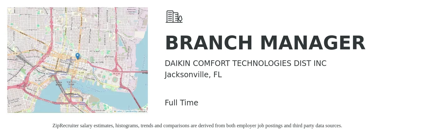 DAIKIN COMFORT TECHNOLOGIES DIST INC job posting for a BRANCH MANAGER in Jacksonville, FL with a salary of $51,300 to $77,300 Yearly with a map of Jacksonville location.