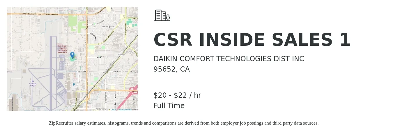 DAIKIN COMFORT TECHNOLOGIES DIST INC job posting for a CSR INSIDE SALES 1 in 95652, CA with a salary of $21 to $24 Hourly with a map of 95652 location.