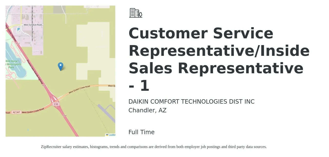 DAIKIN COMFORT TECHNOLOGIES DIST INC job posting for a Customer Service Representative/Inside Sales Representative - 1 in Chandler, AZ with a salary of $17 to $26 Hourly with a map of Chandler location.