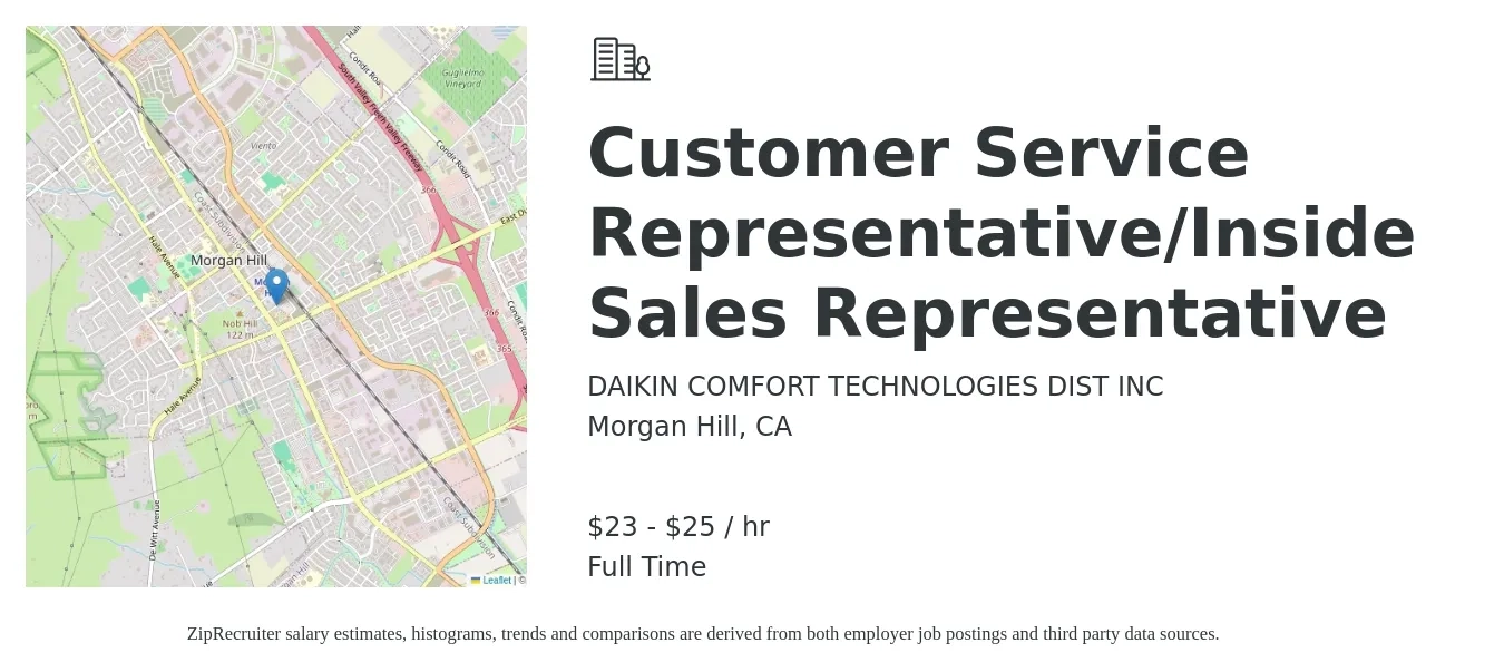 DAIKIN COMFORT TECHNOLOGIES DIST INC job posting for a Customer Service Representative/Inside Sales Representative in Morgan Hill, CA with a salary of $24 to $26 Hourly with a map of Morgan Hill location.