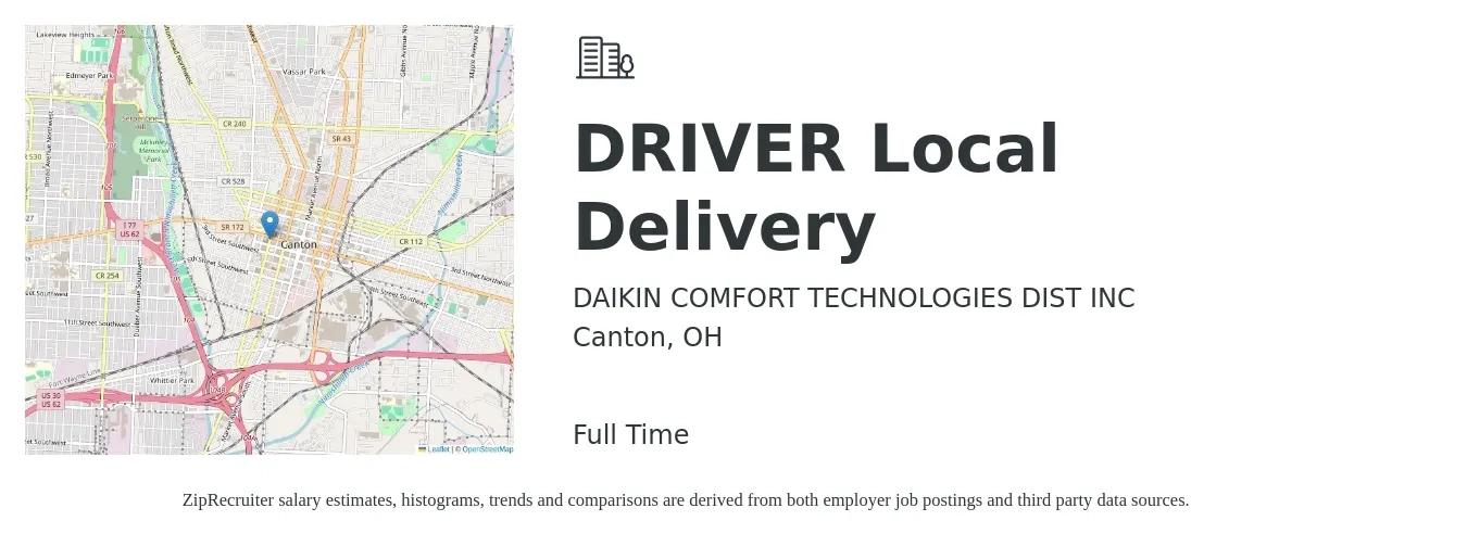 DAIKIN COMFORT TECHNOLOGIES DIST INC job posting for a Driver Local Delivery in Canton, OH with a salary of $16 to $83 Hourly with a map of Canton location.