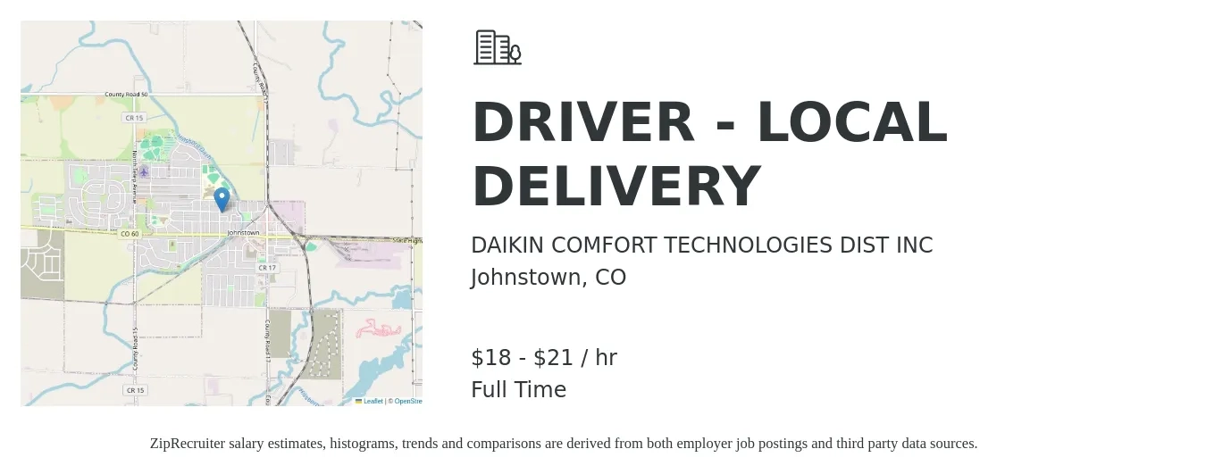 DAIKIN COMFORT TECHNOLOGIES DIST INC job posting for a DRIVER - LOCAL DELIVERY in Johnstown, CO with a salary of $19 to $22 Hourly with a map of Johnstown location.