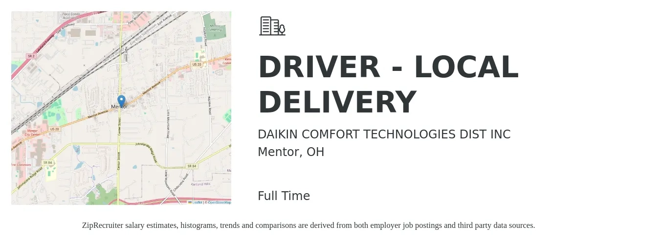 DAIKIN COMFORT TECHNOLOGIES DIST INC job posting for a DRIVER - LOCAL DELIVERY in Mentor, OH with a salary of $18 to $87 Hourly with a map of Mentor location.