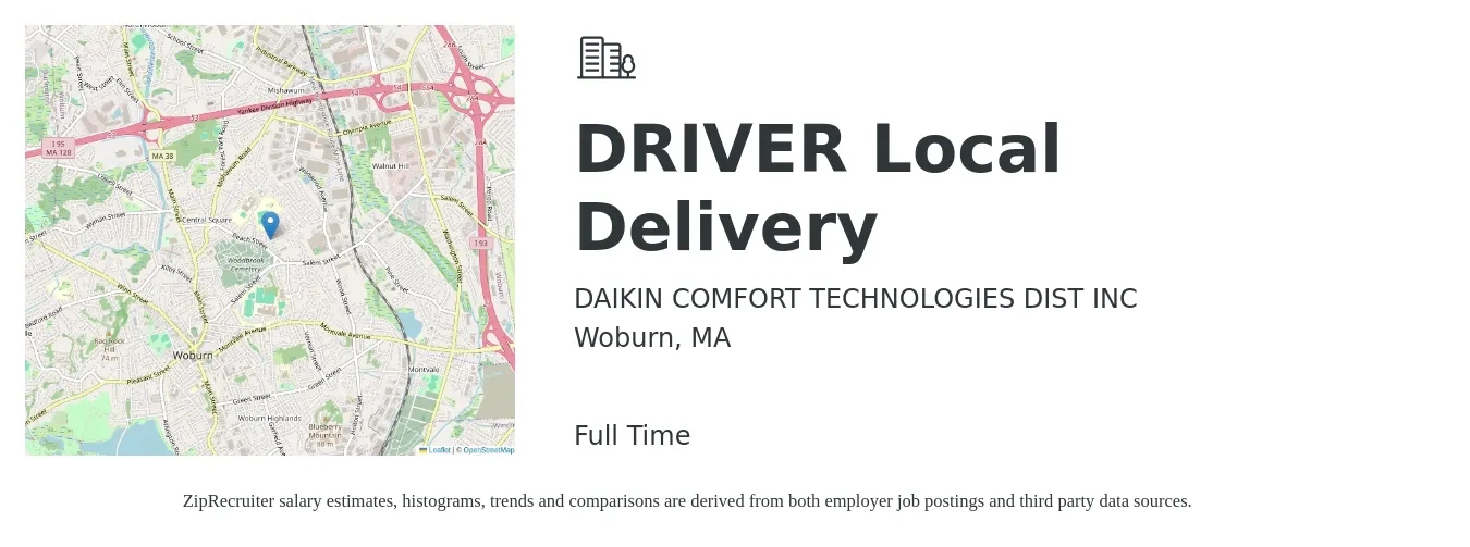 DAIKIN COMFORT TECHNOLOGIES DIST INC job posting for a Driver Local Delivery in Woburn, MA with a salary of $21 to $104 Hourly with a map of Woburn location.