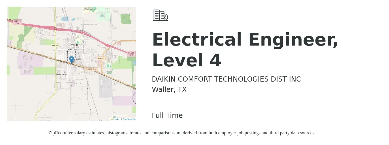 DAIKIN COMFORT TECHNOLOGIES DIST INC job posting for a Electrical Engineer, Level 4 in Waller, TX with a salary of $75,100 to $119,500 Yearly with a map of Waller location.