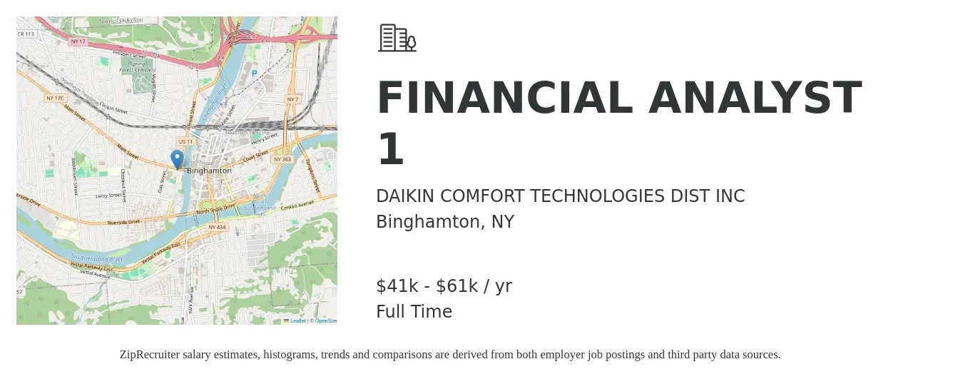 DAIKIN COMFORT TECHNOLOGIES DIST INC job posting for a FINANCIAL ANALYST 1 in Binghamton, NY with a salary of $41,300 to $61,100 Yearly with a map of Binghamton location.