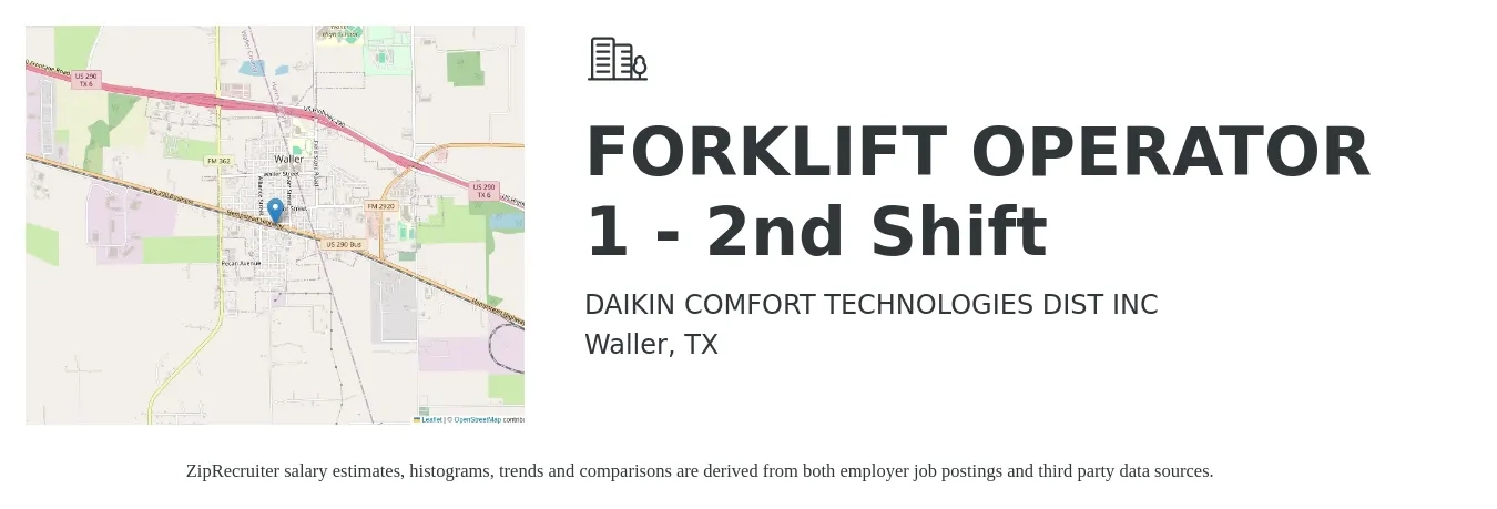 DAIKIN COMFORT TECHNOLOGIES DIST INC job posting for a FORKLIFT OPERATOR 1 - 2nd Shift in Waller, TX with a salary of $16 to $18 Hourly with a map of Waller location.