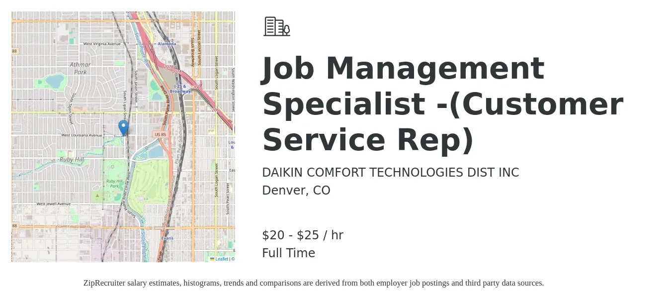 DAIKIN COMFORT TECHNOLOGIES DIST INC job posting for a Job Management Specialist -(Customer Service Rep) in Denver, CO with a salary of $21 to $26 Hourly with a map of Denver location.