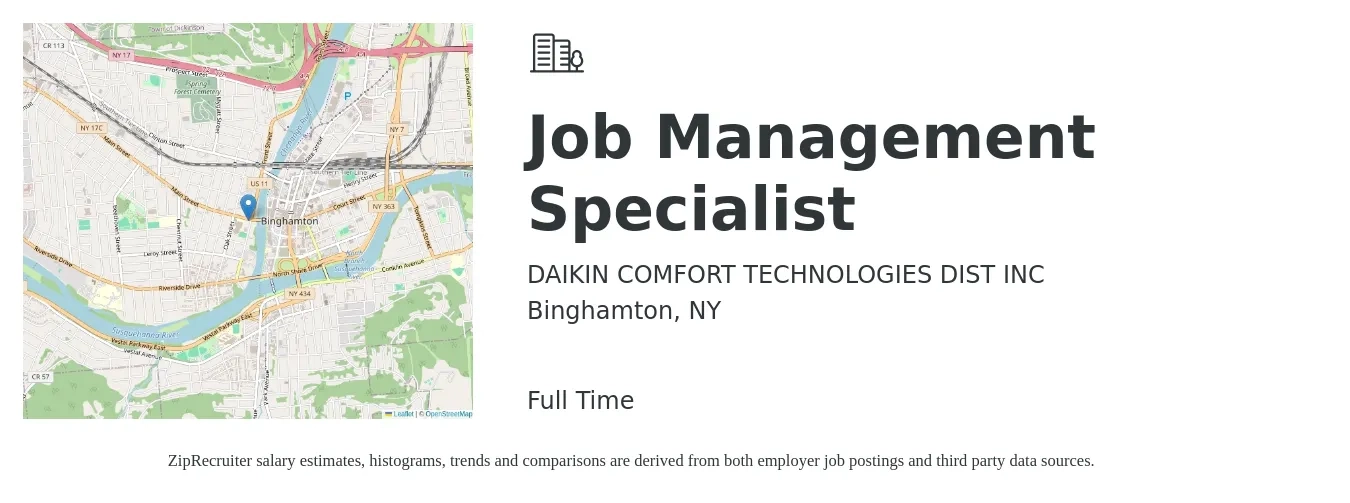 DAIKIN COMFORT TECHNOLOGIES DIST INC job posting for a Job Management Specialist in Binghamton, NY with a salary of $45,000 to $98,100 Yearly with a map of Binghamton location.