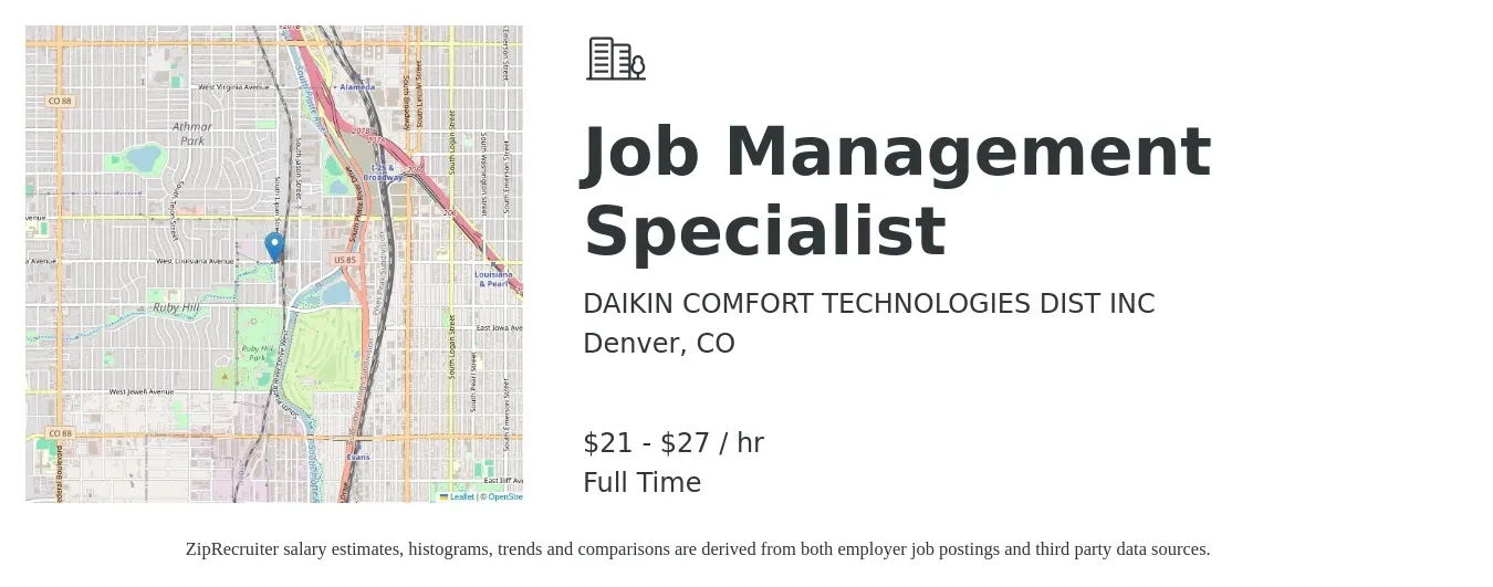 DAIKIN COMFORT TECHNOLOGIES DIST INC job posting for a Job Management Specialist in Denver, CO with a salary of $23 to $28 Hourly with a map of Denver location.