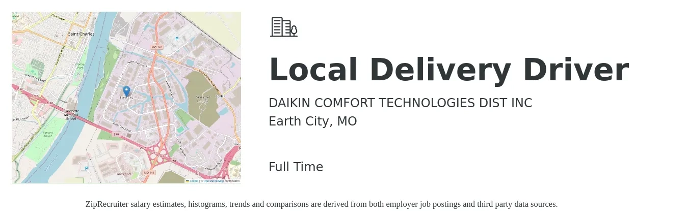 DAIKIN COMFORT TECHNOLOGIES DIST INC job posting for a Local Delivery Driver in Earth City, MO with a salary of $18 to $92 Hourly with a map of Earth City location.