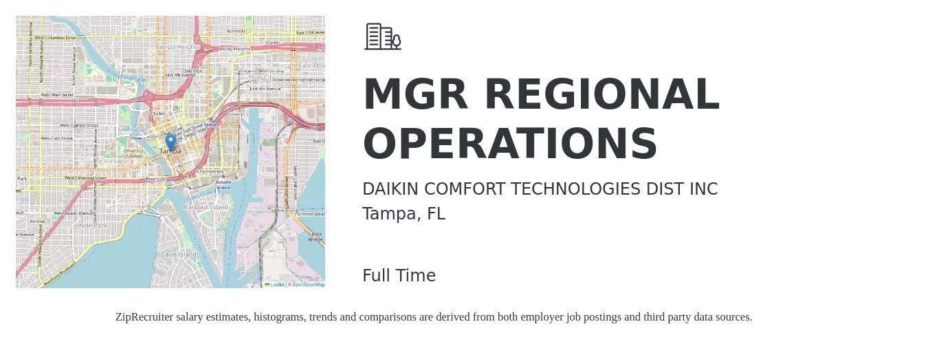 DAIKIN COMFORT TECHNOLOGIES DIST INC job posting for a MGR REGIONAL OPERATIONS in Tampa, FL with a salary of $61,600 to $98,600 Yearly with a map of Tampa location.