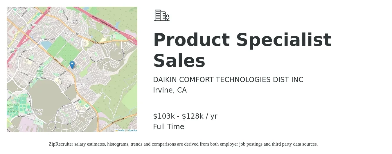 DAIKIN COMFORT TECHNOLOGIES DIST INC job posting for a Product Specialist Sales in Irvine, CA with a salary of $103,000 to $128,750 Yearly with a map of Irvine location.
