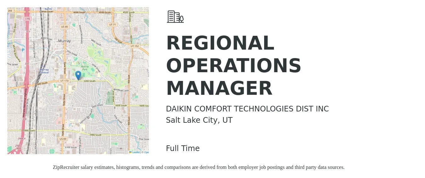 DAIKIN COMFORT TECHNOLOGIES DIST INC job posting for a REGIONAL OPERATIONS MANAGER in Salt Lake City, UT with a salary of $65,600 to $105,000 Yearly with a map of Salt Lake City location.