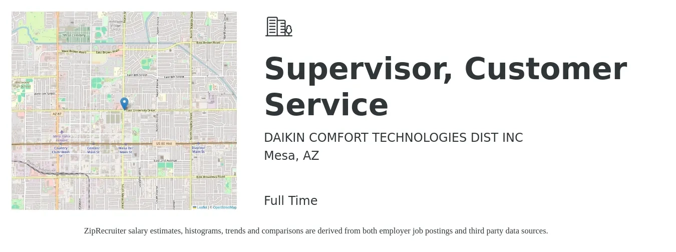 DAIKIN COMFORT TECHNOLOGIES DIST INC job posting for a Supervisor, Customer Service in Mesa, AZ with a salary of $35,300 to $60,200 Yearly with a map of Mesa location.