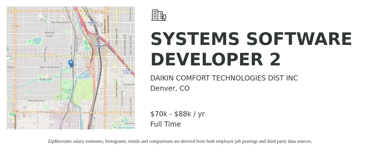 DAIKIN COMFORT TECHNOLOGIES DIST INC job posting for a SYSTEMS SOFTWARE DEVELOPER 2 in Denver, CO with a salary of $70,900 to $88,650 Yearly with a map of Denver location.