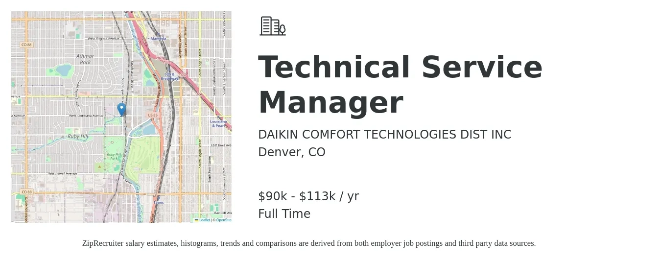DAIKIN COMFORT TECHNOLOGIES DIST INC job posting for a Technical Service Manager in Denver, CO with a salary of $90,000 to $113,000 Yearly with a map of Denver location.