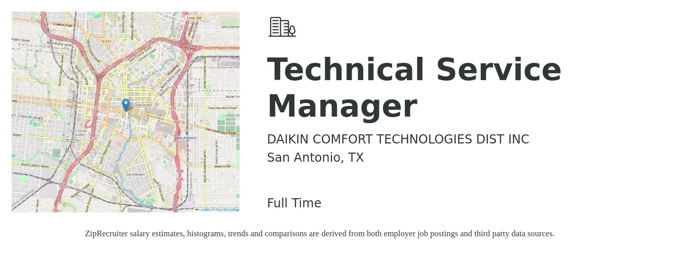 DAIKIN COMFORT TECHNOLOGIES DIST INC job posting for a Technical Service Manager in San Antonio, TX with a salary of $104,600 to $105,100 Yearly with a map of San Antonio location.
