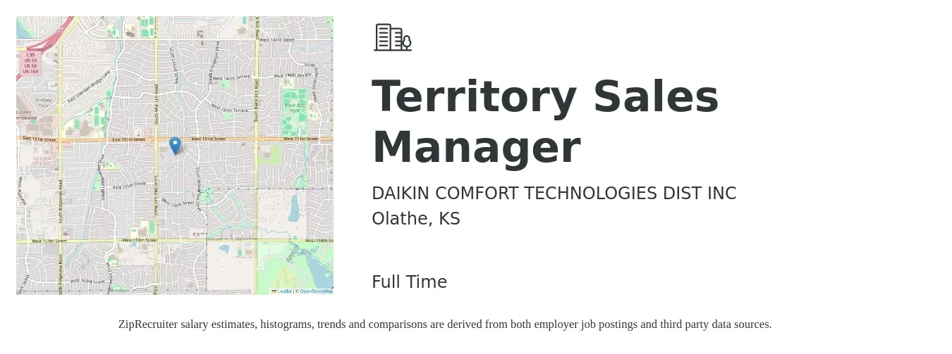 DAIKIN COMFORT TECHNOLOGIES DIST INC job posting for a Territory Sales Manager in Olathe, KS with a salary of $61,000 to $93,700 Yearly with a map of Olathe location.