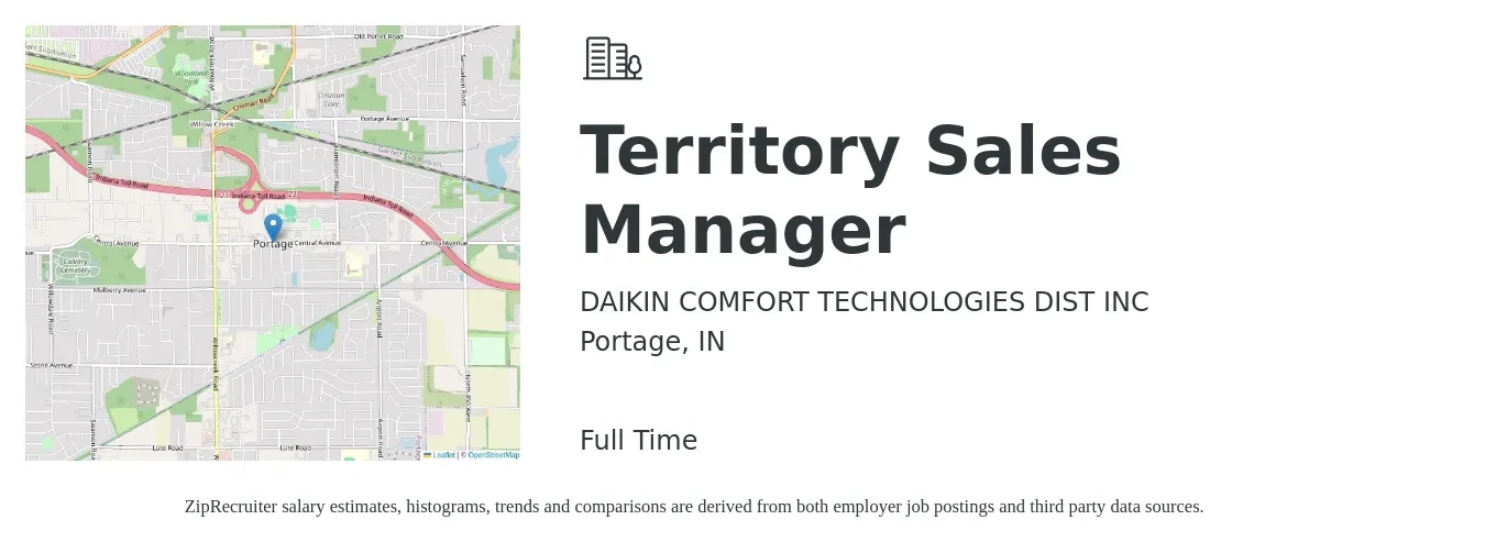 DAIKIN COMFORT TECHNOLOGIES DIST INC job posting for a Territory Sales Manager in Portage, IN with a salary of $59,200 to $90,800 Yearly with a map of Portage location.