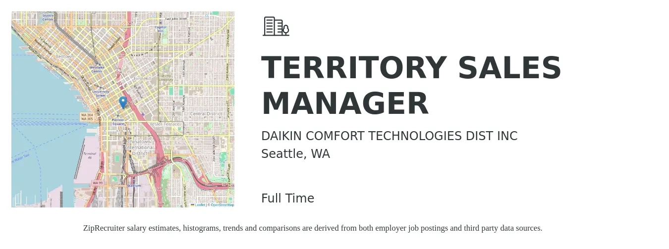 DAIKIN COMFORT TECHNOLOGIES DIST INC job posting for a TERRITORY SALES MANAGER in Seattle, WA with a salary of $73,400 to $112,700 Yearly with a map of Seattle location.