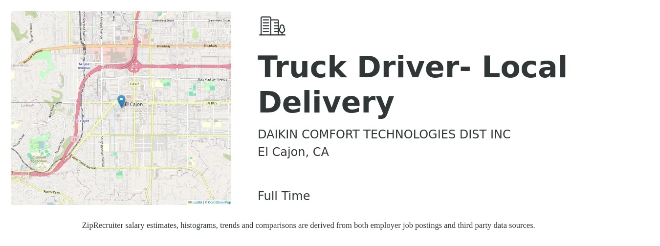 DAIKIN COMFORT TECHNOLOGIES DIST INC job posting for a Truck Driver- Local Delivery in El Cajon, CA with a salary of $23 to $34 Hourly with a map of El Cajon location.