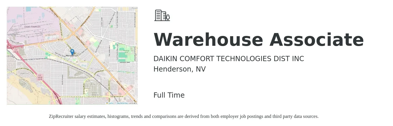 DAIKIN COMFORT TECHNOLOGIES DIST INC job posting for a Warehouse Associate in Henderson, NV with a salary of $16 to $18 Hourly with a map of Henderson location.