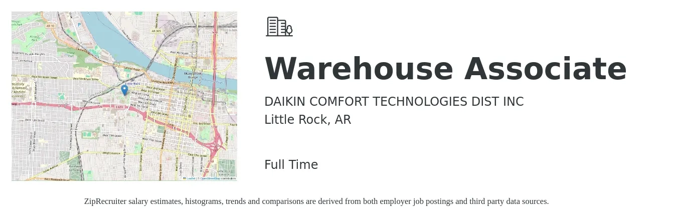 DAIKIN COMFORT TECHNOLOGIES DIST INC job posting for a Warehouse Associate in Little Rock, AR with a salary of $13 to $16 Hourly with a map of Little Rock location.