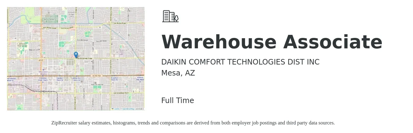 DAIKIN COMFORT TECHNOLOGIES DIST INC job posting for a Warehouse Associate in Mesa, AZ with a salary of $14 to $16 Hourly with a map of Mesa location.