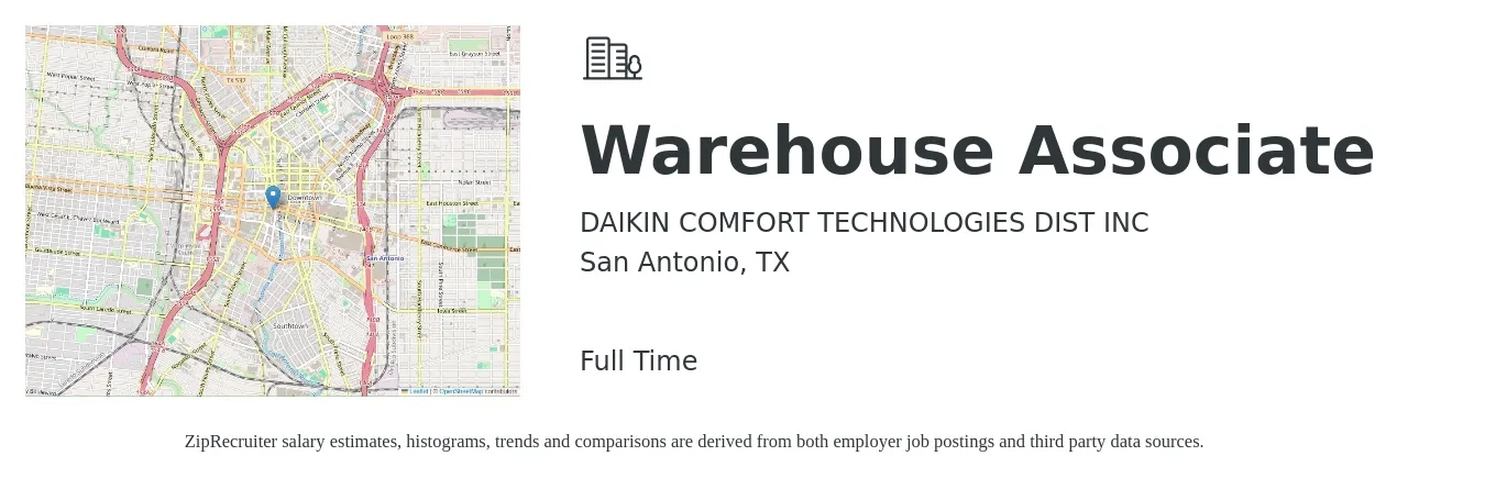 DAIKIN COMFORT TECHNOLOGIES DIST INC job posting for a Warehouse Associate in San Antonio, TX with a salary of $14 to $17 Hourly with a map of San Antonio location.