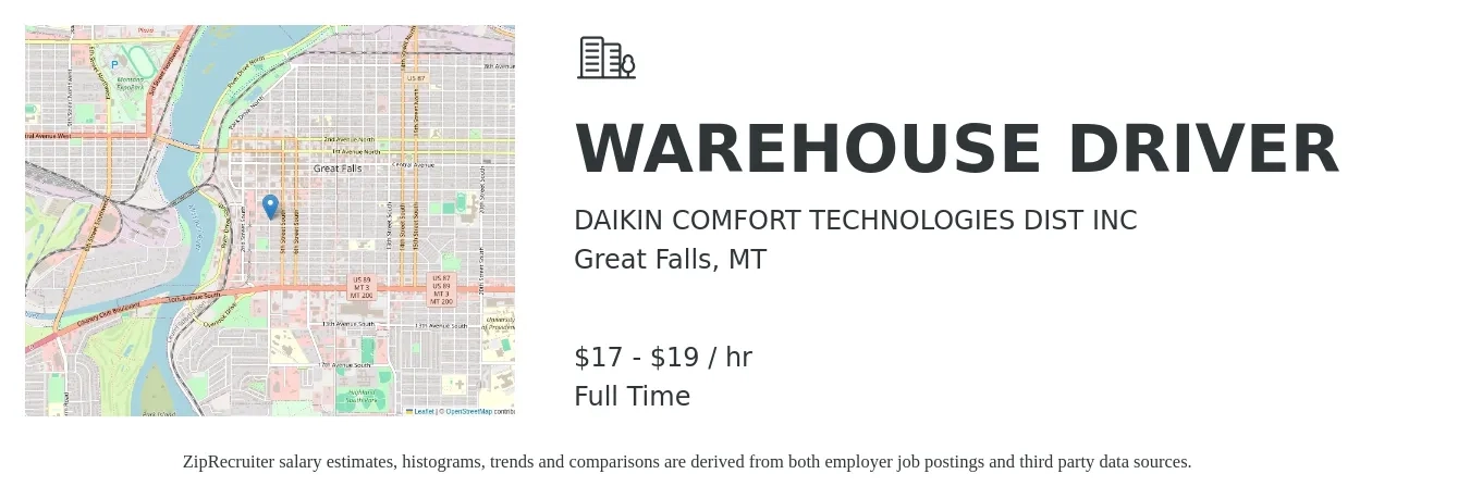 DAIKIN COMFORT TECHNOLOGIES DIST INC job posting for a WAREHOUSE DRIVER in Great Falls, MT with a salary of $18 to $20 Hourly with a map of Great Falls location.