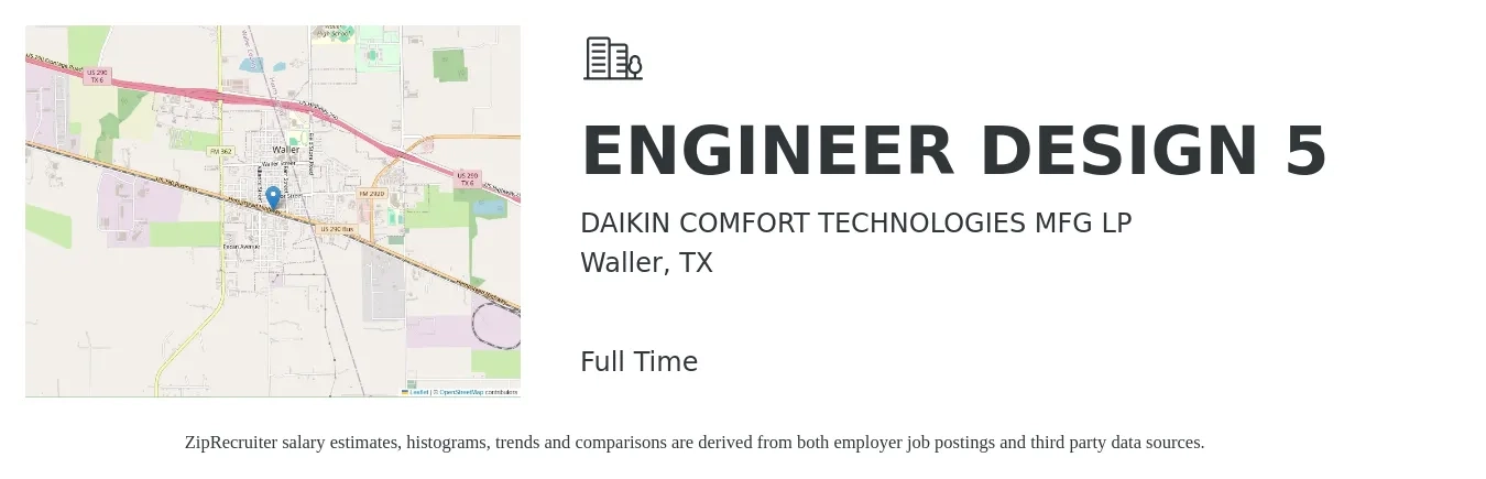 DAIKIN COMFORT TECHNOLOGIES MFG LP job posting for a ENGINEER DESIGN 5 in Waller, TX with a salary of $61,600 to $89,200 Yearly with a map of Waller location.