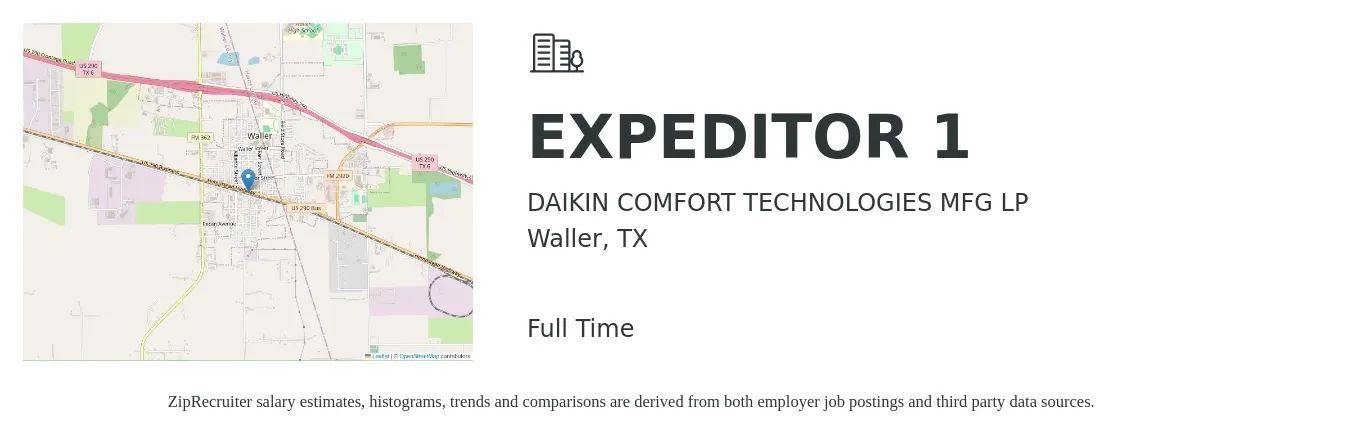 DAIKIN COMFORT TECHNOLOGIES MFG LP job posting for a EXPEDITOR 1 in Waller, TX with a salary of $12 to $18 Hourly with a map of Waller location.