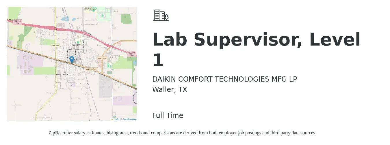 DAIKIN COMFORT TECHNOLOGIES MFG LP job posting for a Lab Supervisor, Level 1 in Waller, TX with a salary of $63,400 to $100,500 Yearly with a map of Waller location.