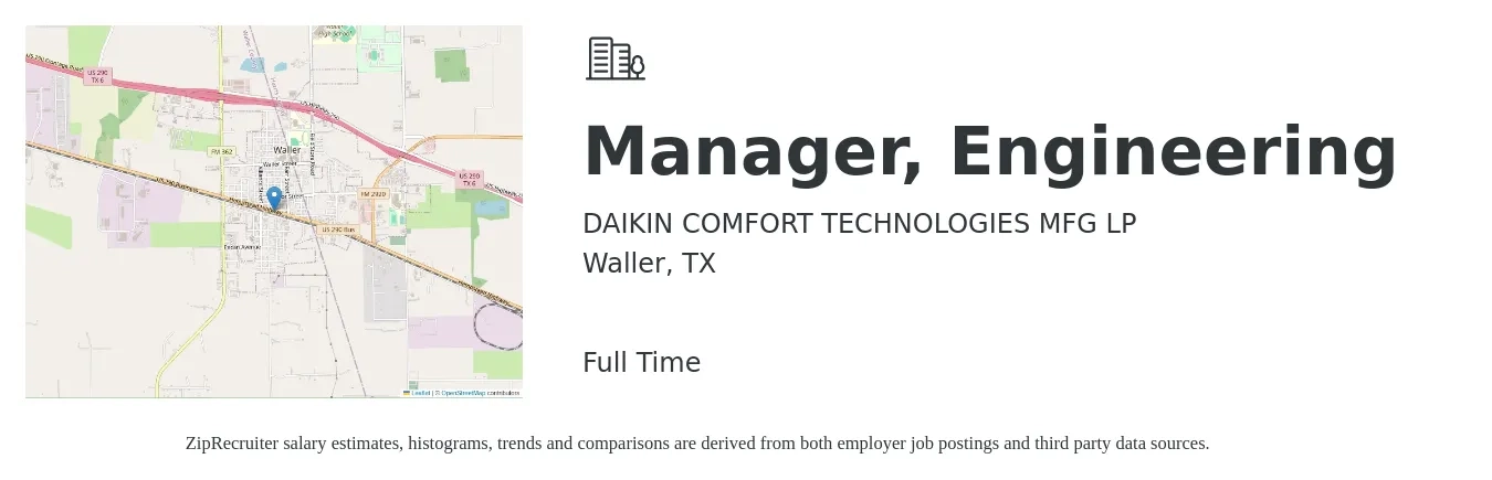 DAIKIN COMFORT TECHNOLOGIES MFG LP job posting for a Manager, Engineering in Waller, TX with a salary of $105,500 to $156,600 Yearly with a map of Waller location.