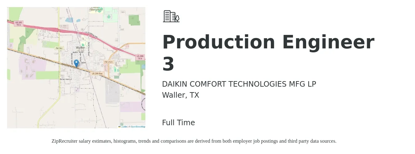 DAIKIN COMFORT TECHNOLOGIES MFG LP job posting for a Production Engineer 3 in Waller, TX with a salary of $129,500 Yearly with a map of Waller location.