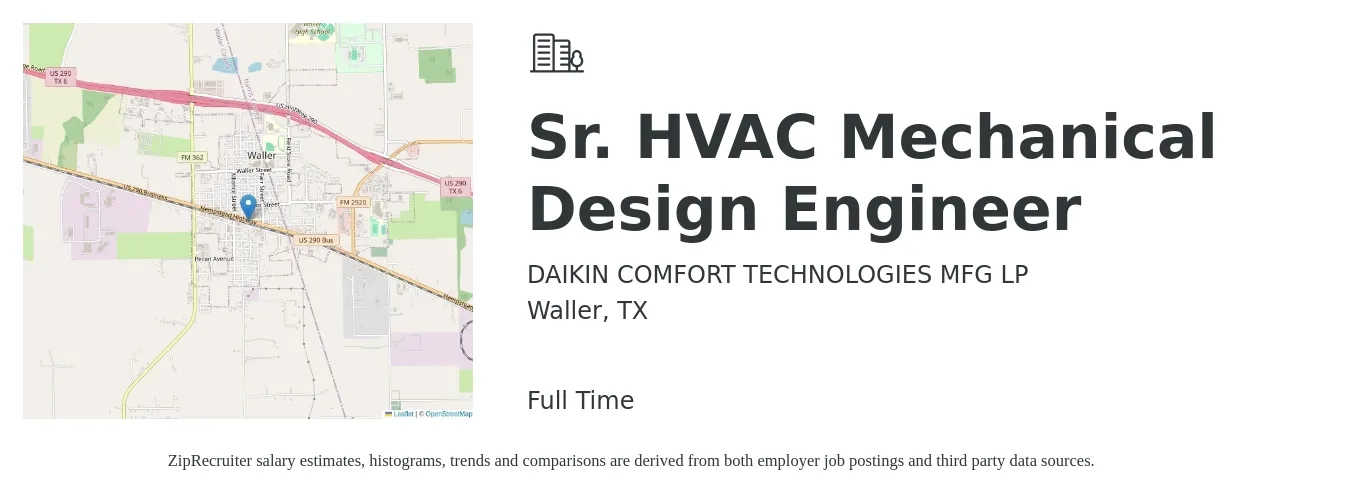 DAIKIN COMFORT TECHNOLOGIES MFG LP job posting for a Sr. HVAC Mechanical Design Engineer in Waller, TX with a salary of $81,500 to $112,300 Yearly with a map of Waller location.