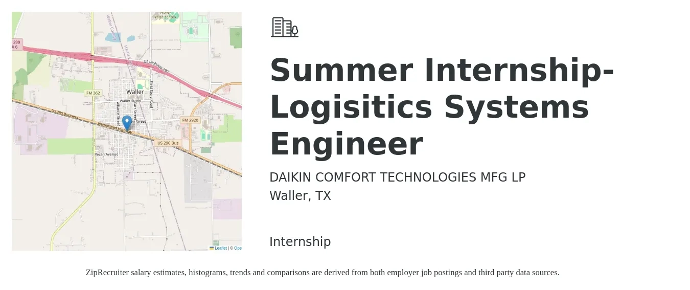 DAIKIN COMFORT TECHNOLOGIES MFG LP job posting for a Summer Internship- Logisitics Systems Engineer in Waller, TX with a salary of $15 to $20 Hourly with a map of Waller location.