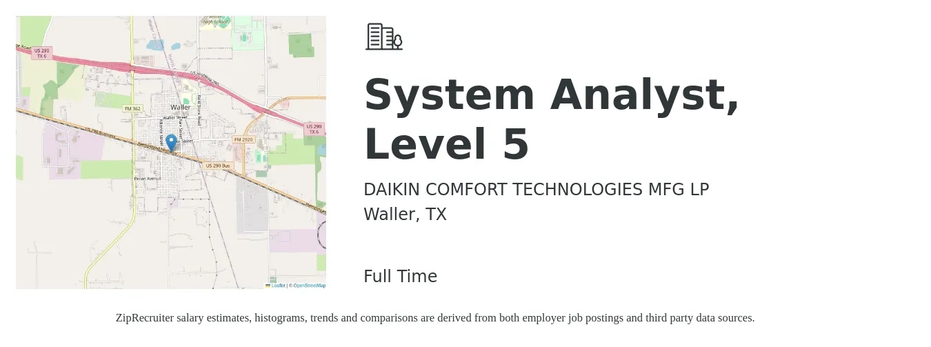 DAIKIN COMFORT TECHNOLOGIES MFG LP job posting for a System Analyst, Level 5 in Waller, TX with a salary of $59,700 to $97,800 Yearly with a map of Waller location.