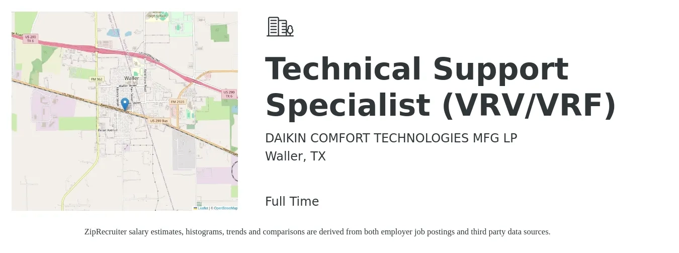 DAIKIN COMFORT TECHNOLOGIES MFG LP job posting for a Technical Support Specialist (VRV/VRF) in Waller, TX with a salary of $19 to $29 Hourly with a map of Waller location.