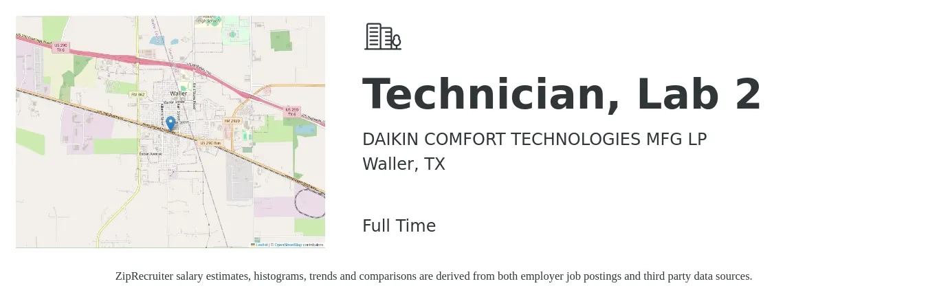 DAIKIN COMFORT TECHNOLOGIES MFG LP job posting for a Technician, Lab 2 in Waller, TX with a salary of $17 to $23 Hourly with a map of Waller location.